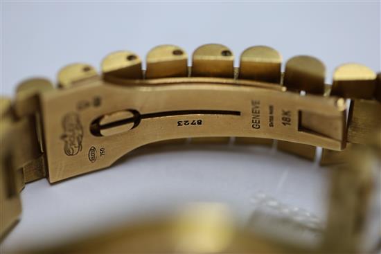 A gentlemans late 20th century 18ct gold and diamond set Rolex Oyster Perpetual Day-Date wrist watch,